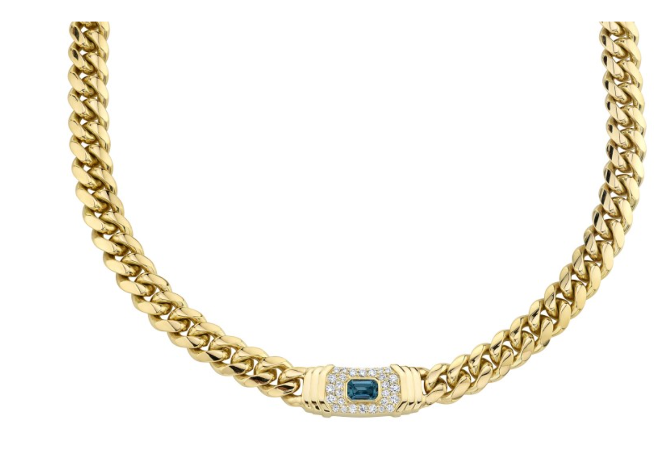 14K Gold Diamond Blue Topaz Miami Cuban Link Necklace