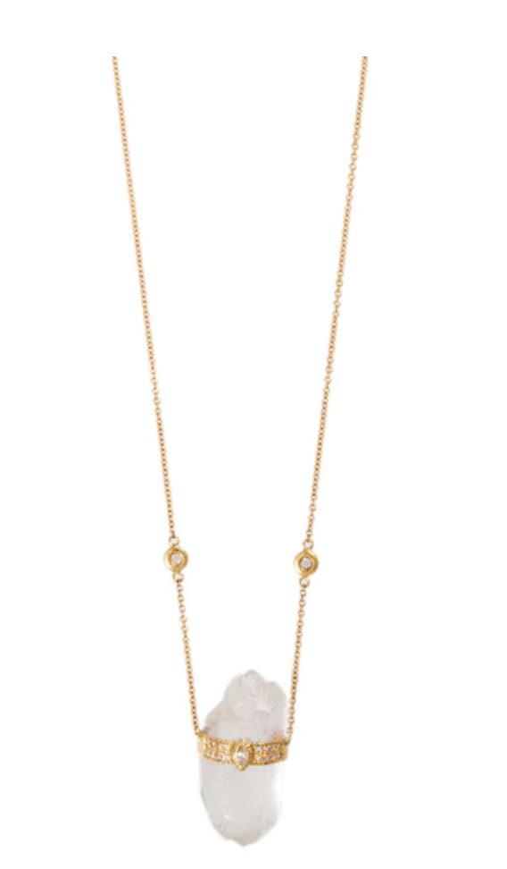 RAW CLEAR QUARTZ + MARQUISE DIAMOND PAVE CAP CRYSTAL NECKLACE