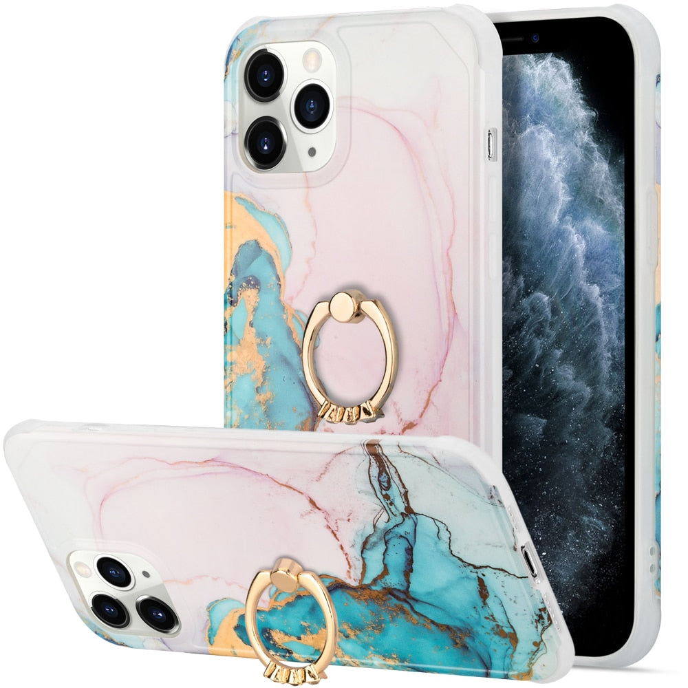 Marble Design Ring Stand Case Geometric Soft Shockproof for iPhone