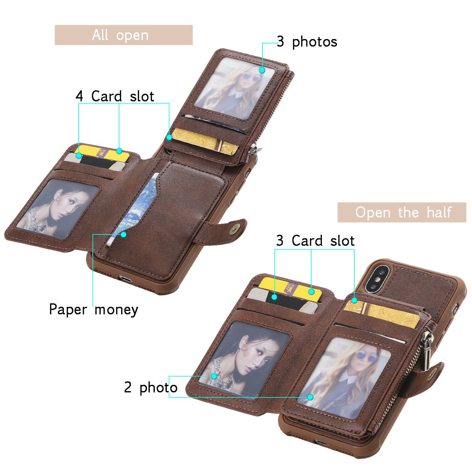 Zipper Multifunction Wallet Card Slot Leather Stand Case For iPhone