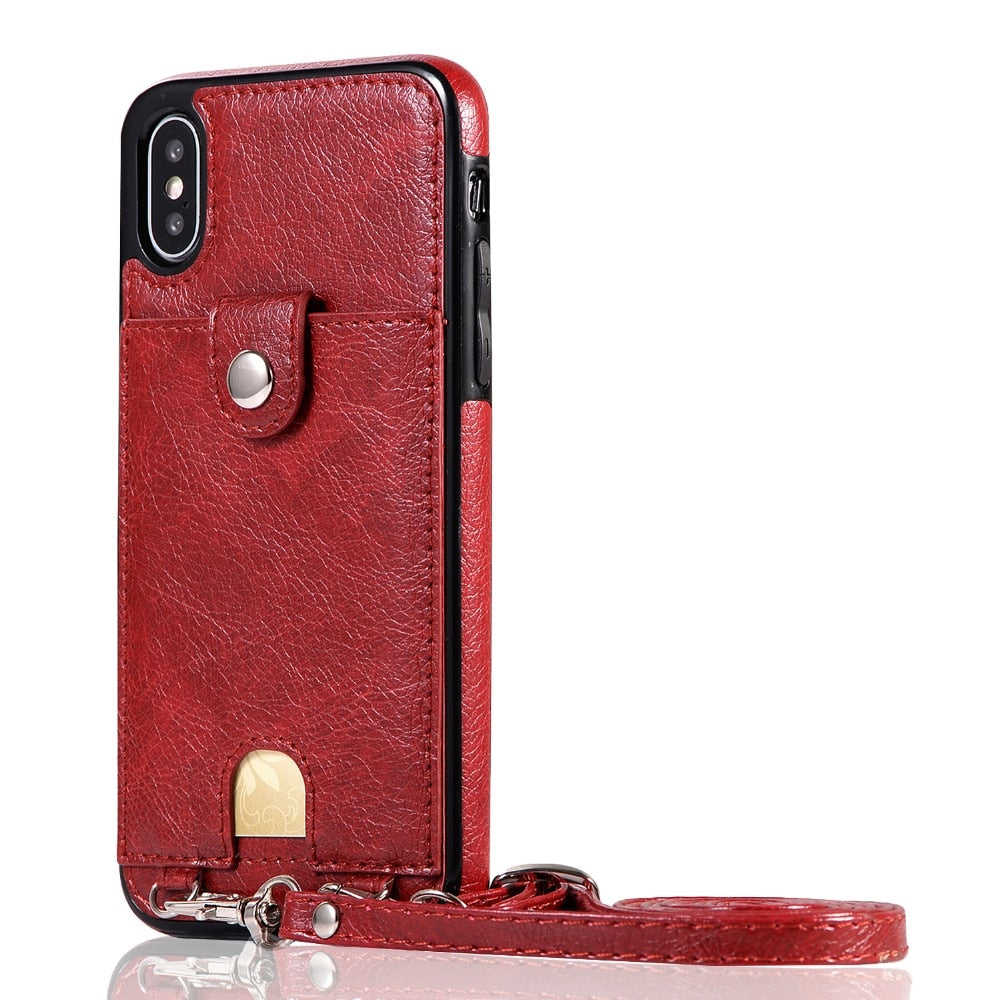 Vintage PU Leather Back Case for iPhone With Strap