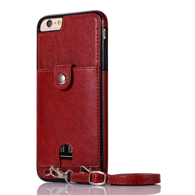 Vintage PU Leather Back Case for iPhone With Strap