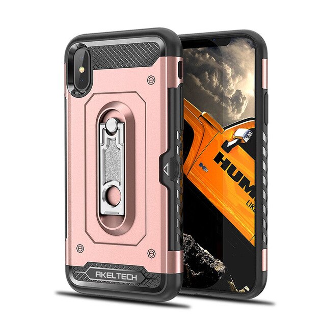 Hybrid Armor Case with Metal Stand and Card Slot for iPhone