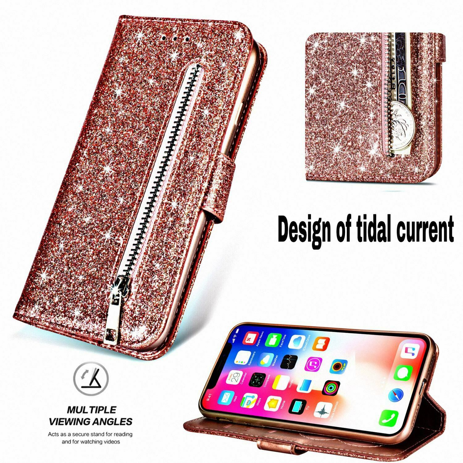 Glitter Bling Leather Zipper Wallet Case For iPhone