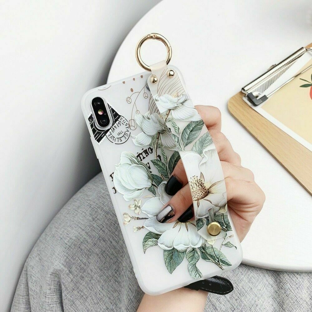 Flower Pattern Clear Slim Hand Strap Holder Case For iPhone