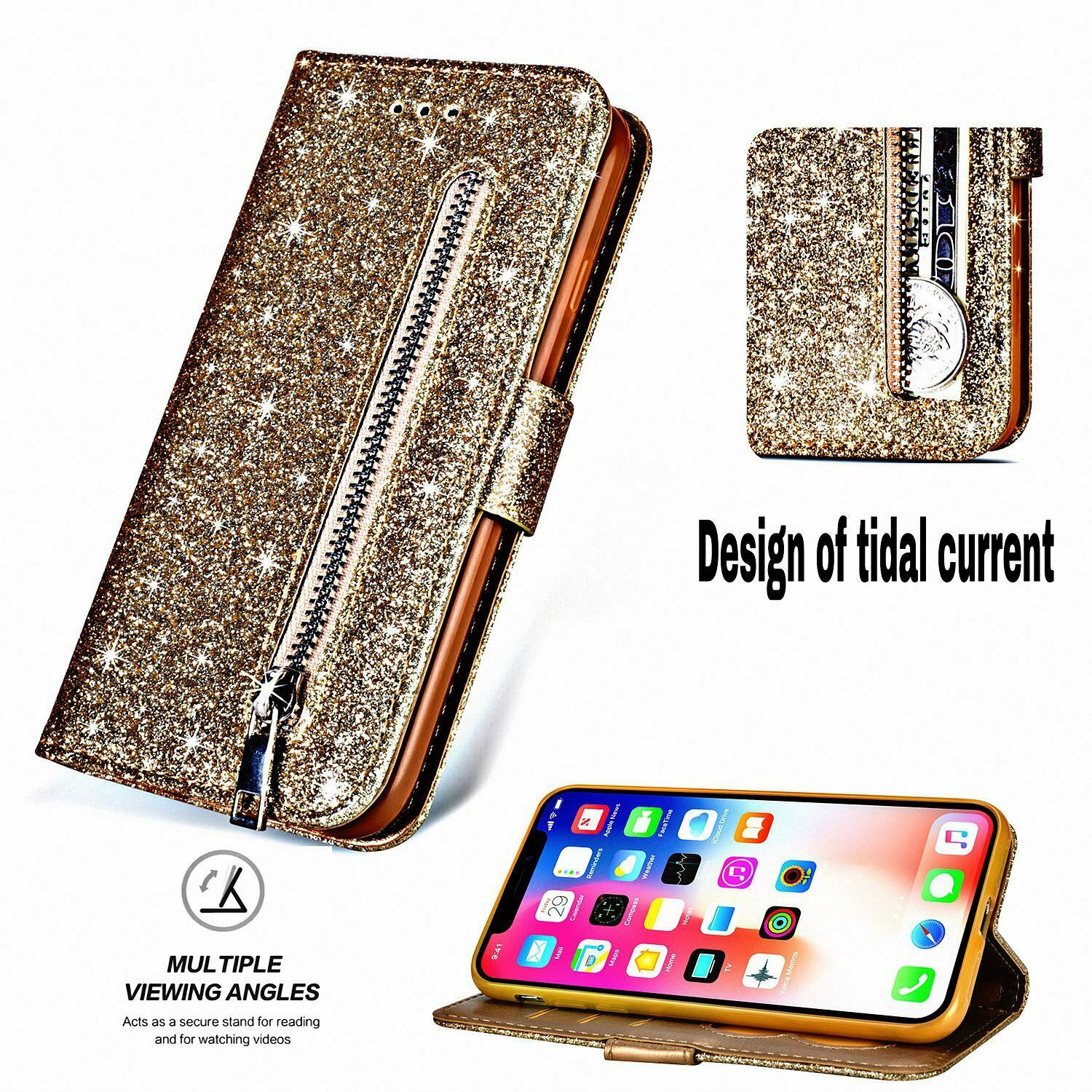 Glitter Bling Leather Zipper Wallet Case For iPhone