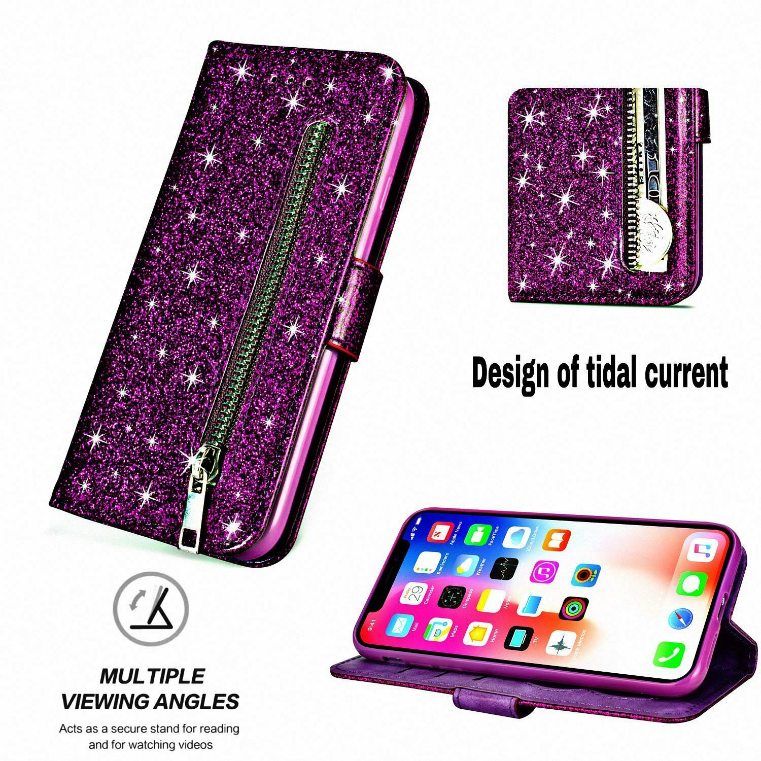 Glitter Bling Leather Zipper Wallet Case For iPhone