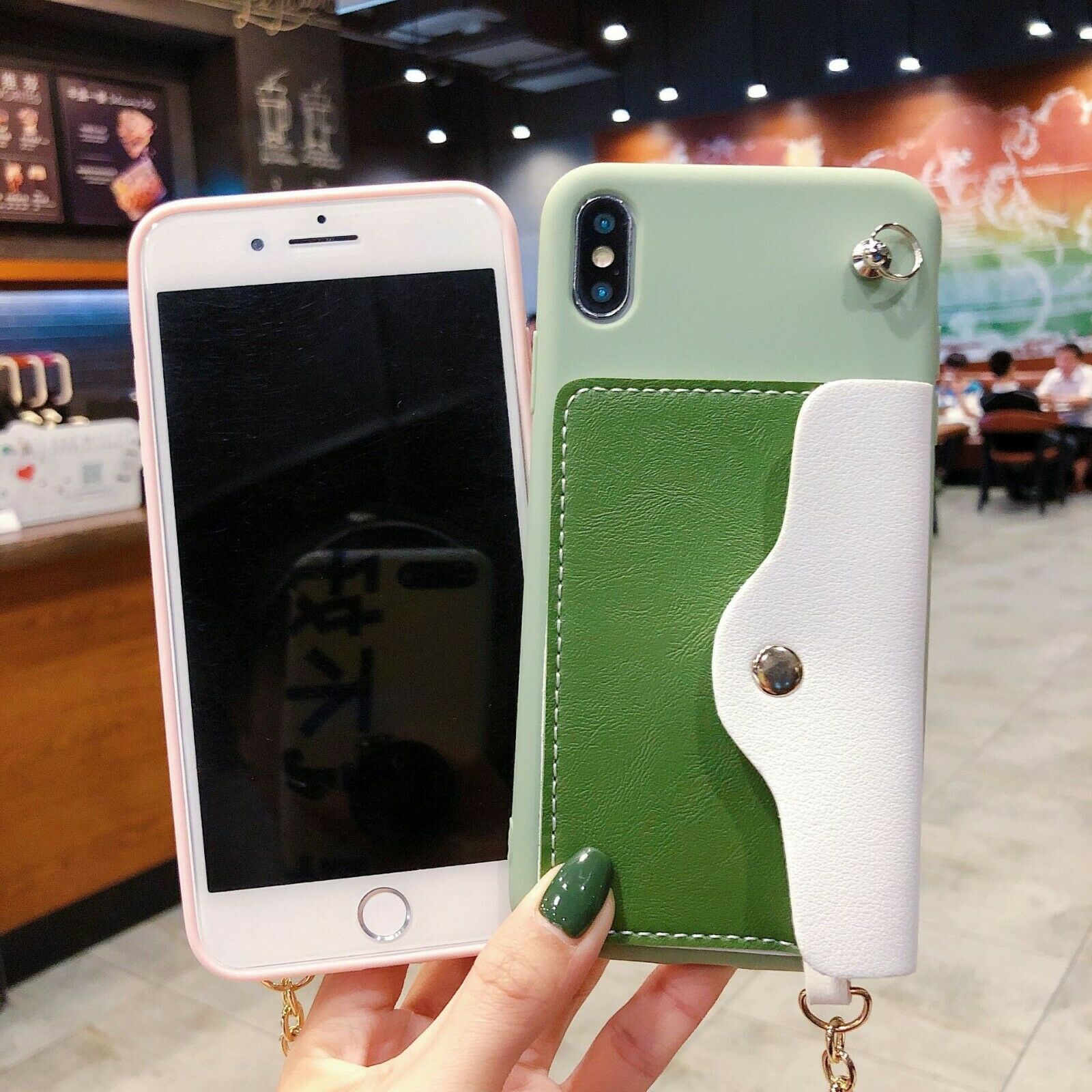 Stylish Wallet Cards Holder Bracket Lanyard Silicone Case For iPhone