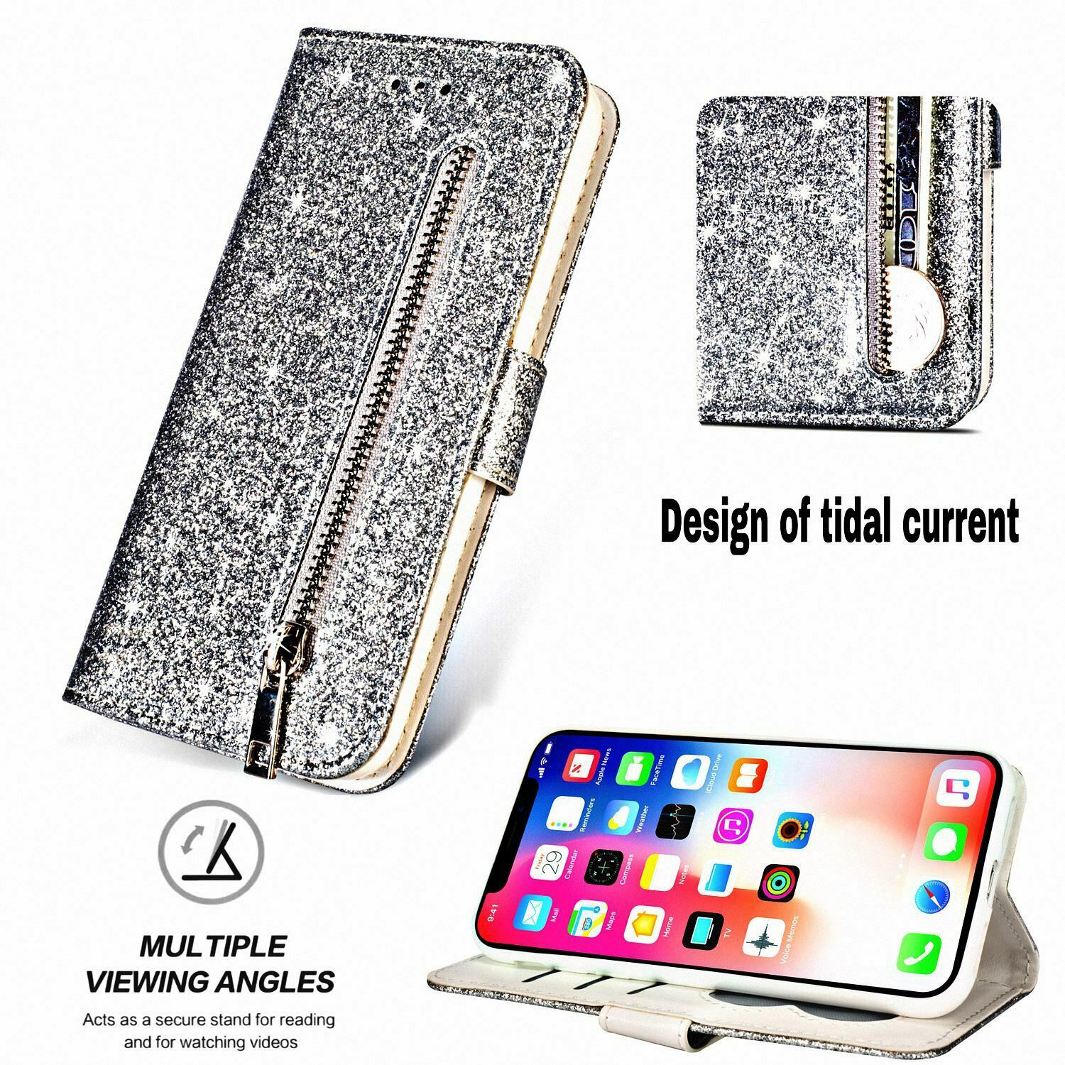 Glitter Bling Leather Zipper Wallet Case For iPhone