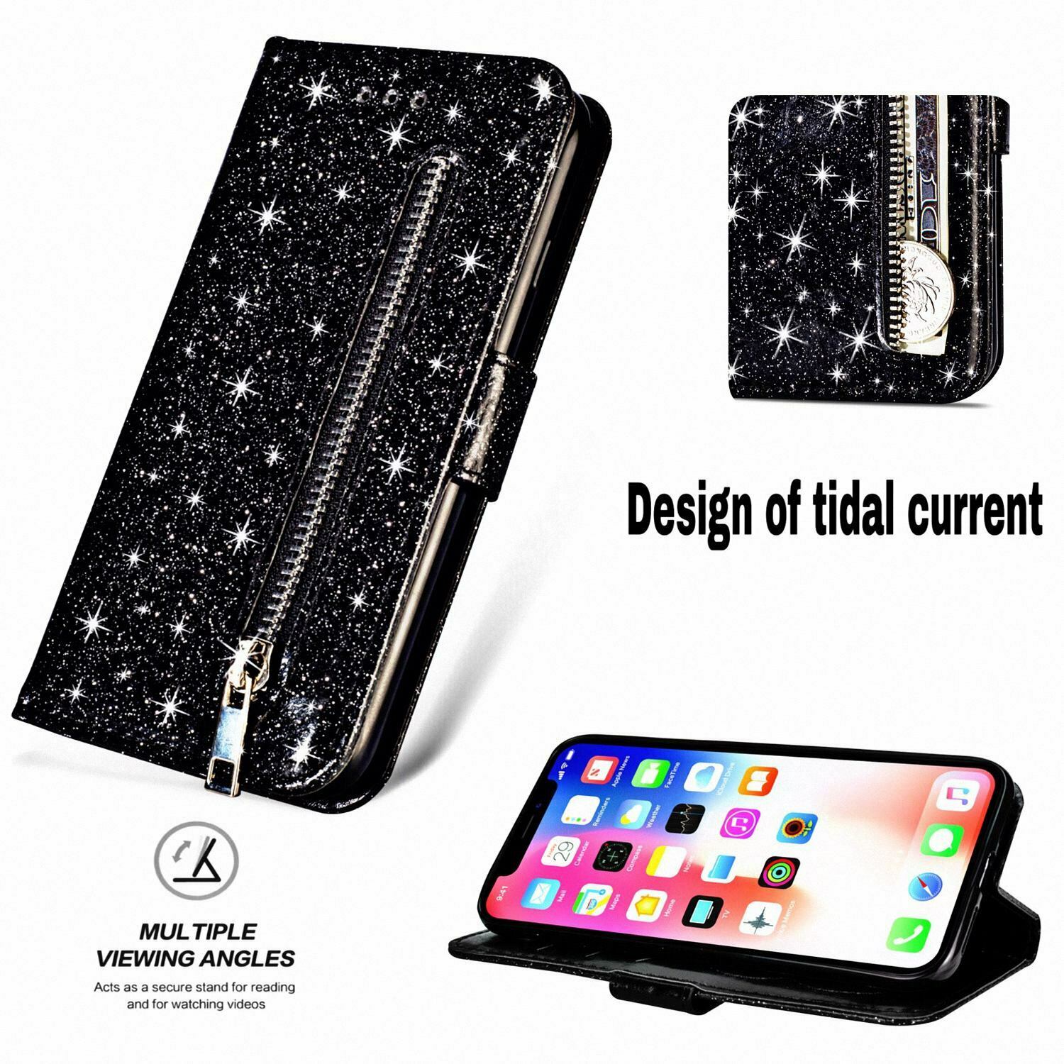 Glitter Bling Leather Zipper Wallet Case For iPhone