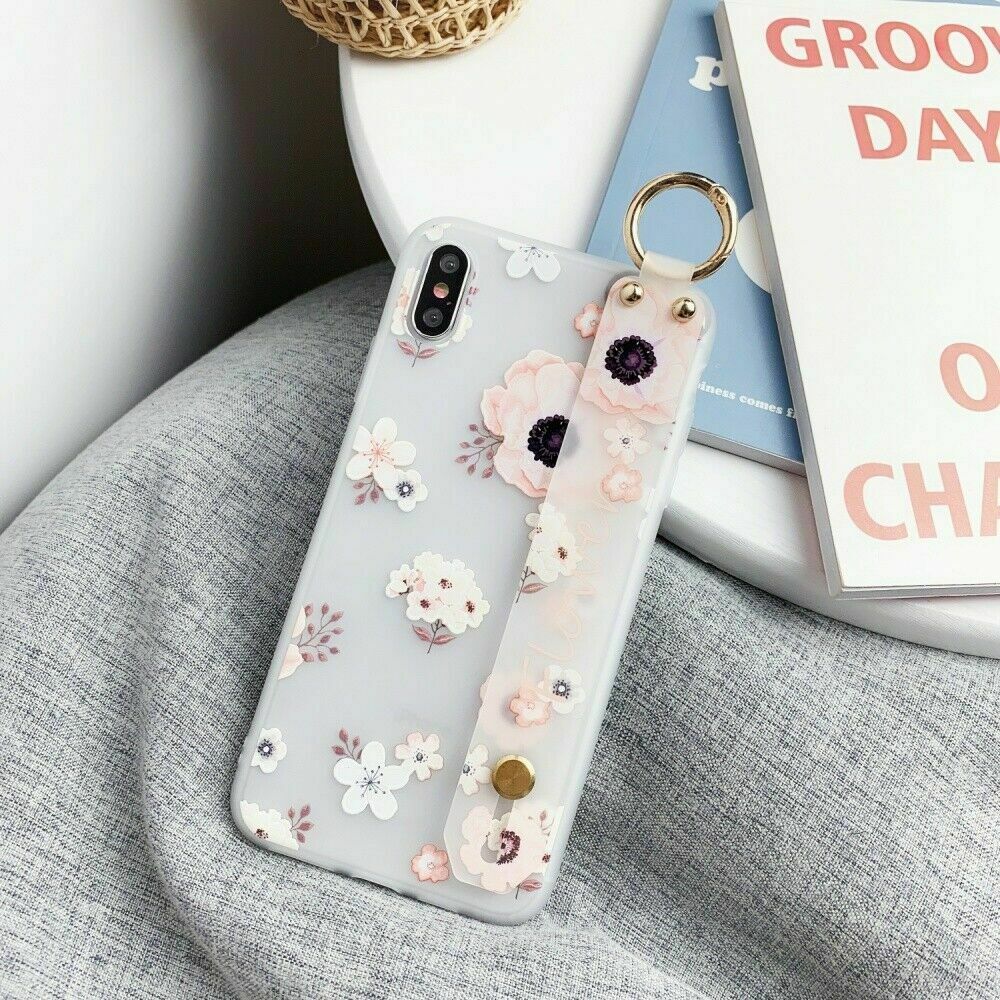 Flower Pattern Clear Slim Hand Strap Holder Case For iPhone