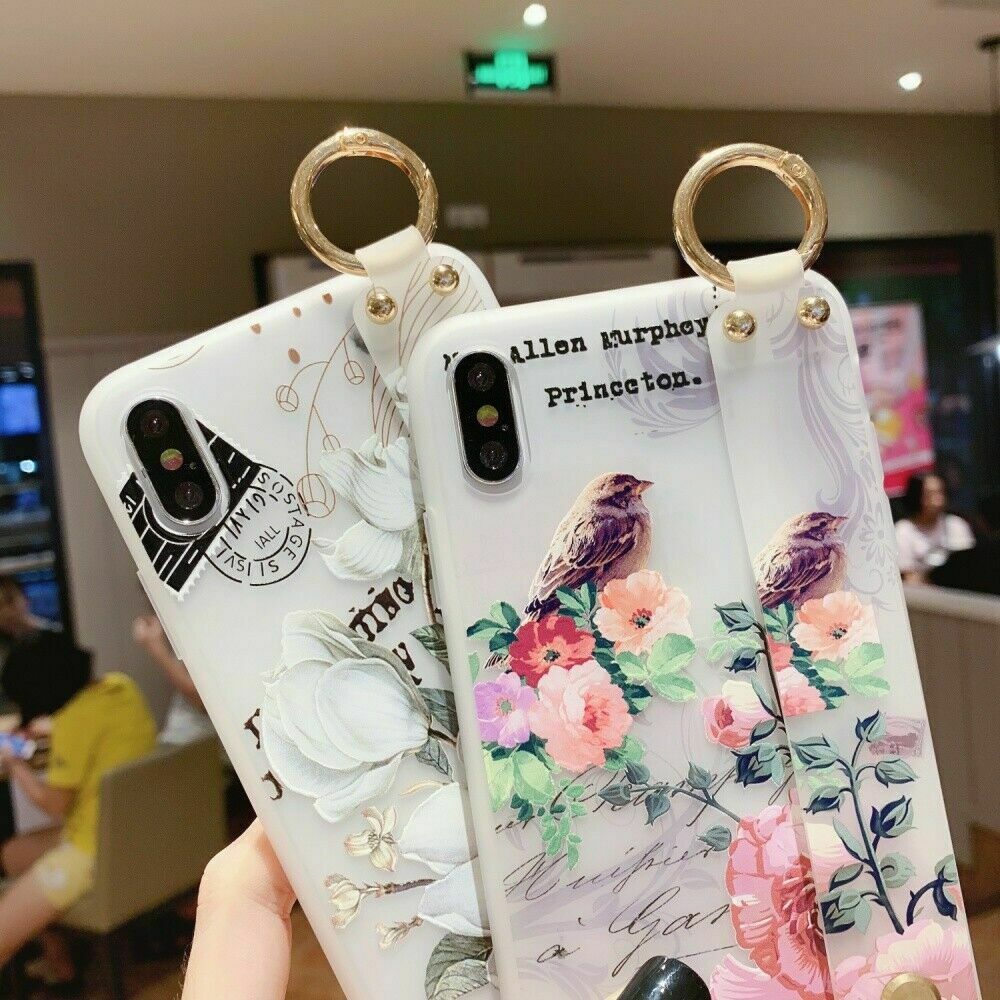 Flower Pattern Clear Slim Hand Strap Holder Case For iPhone