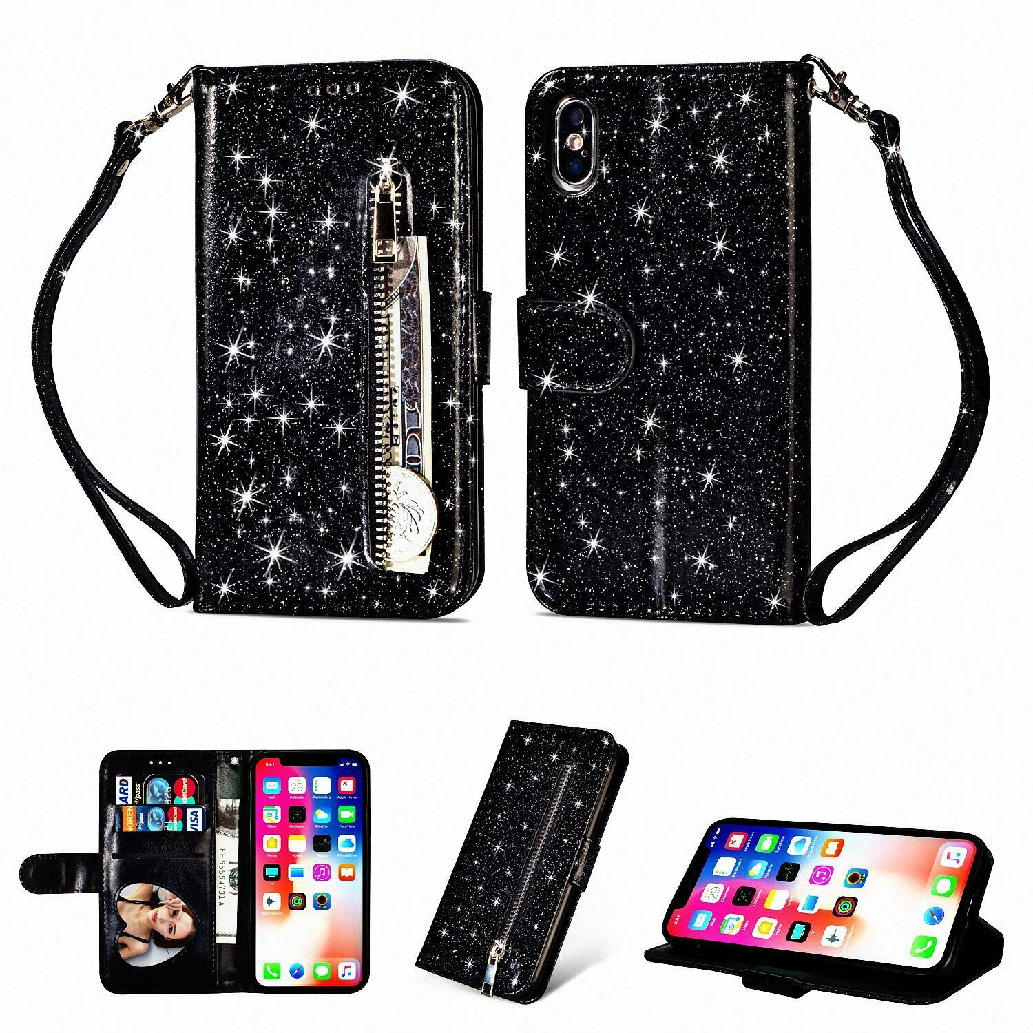 Glitter Bling Leather Zipper Wallet Case For iPhone