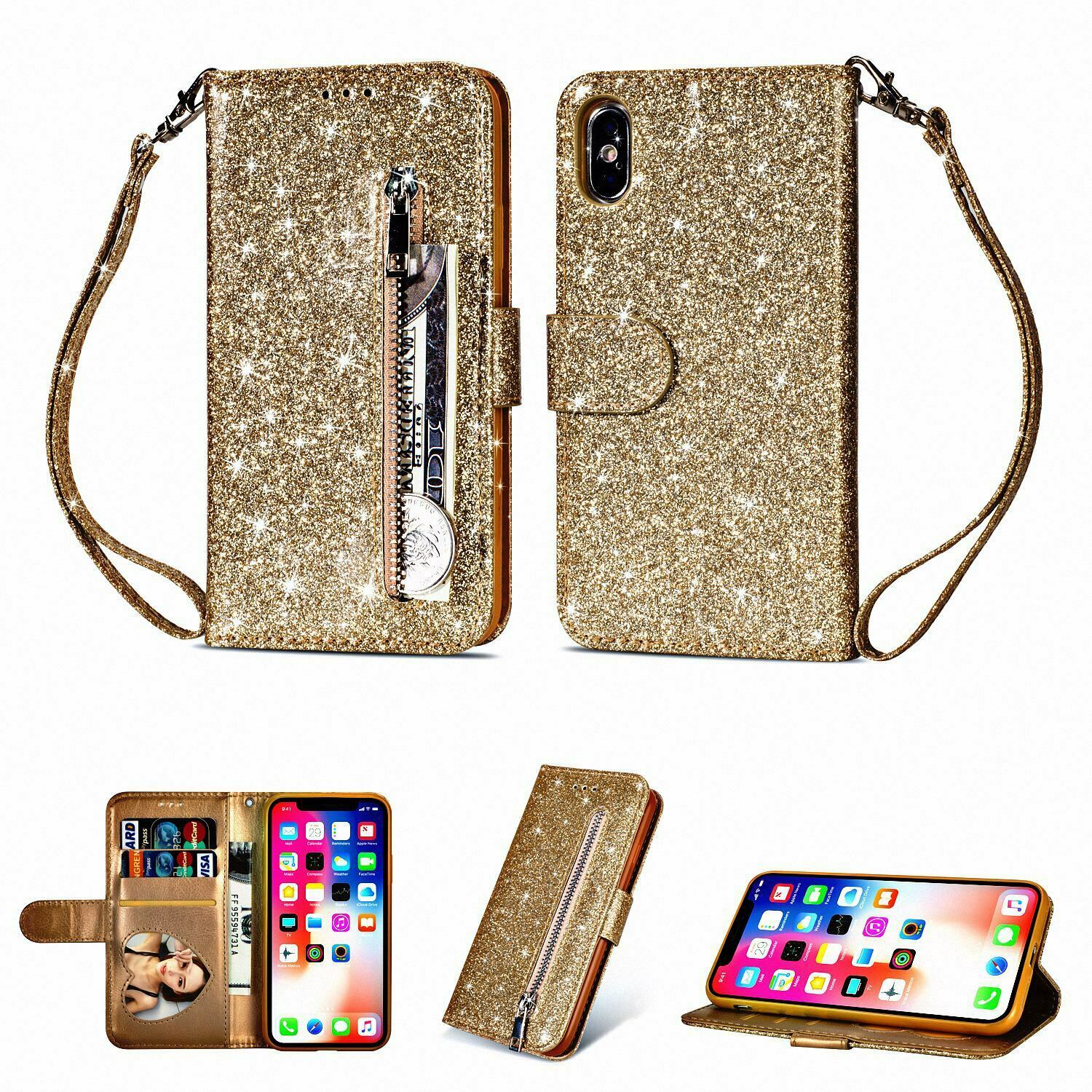 Glitter Bling Leather Zipper Wallet Case For iPhone