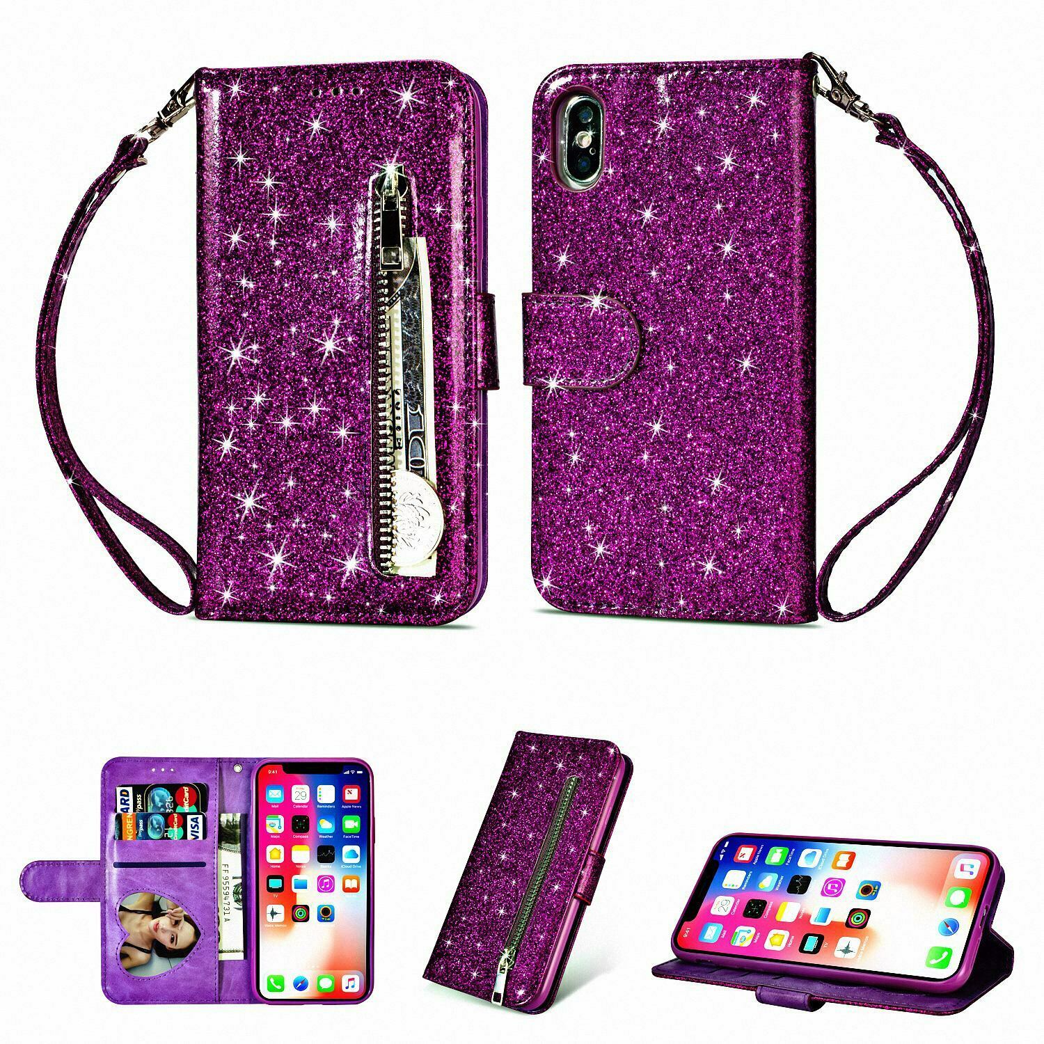 Glitter Bling Leather Zipper Wallet Case For iPhone