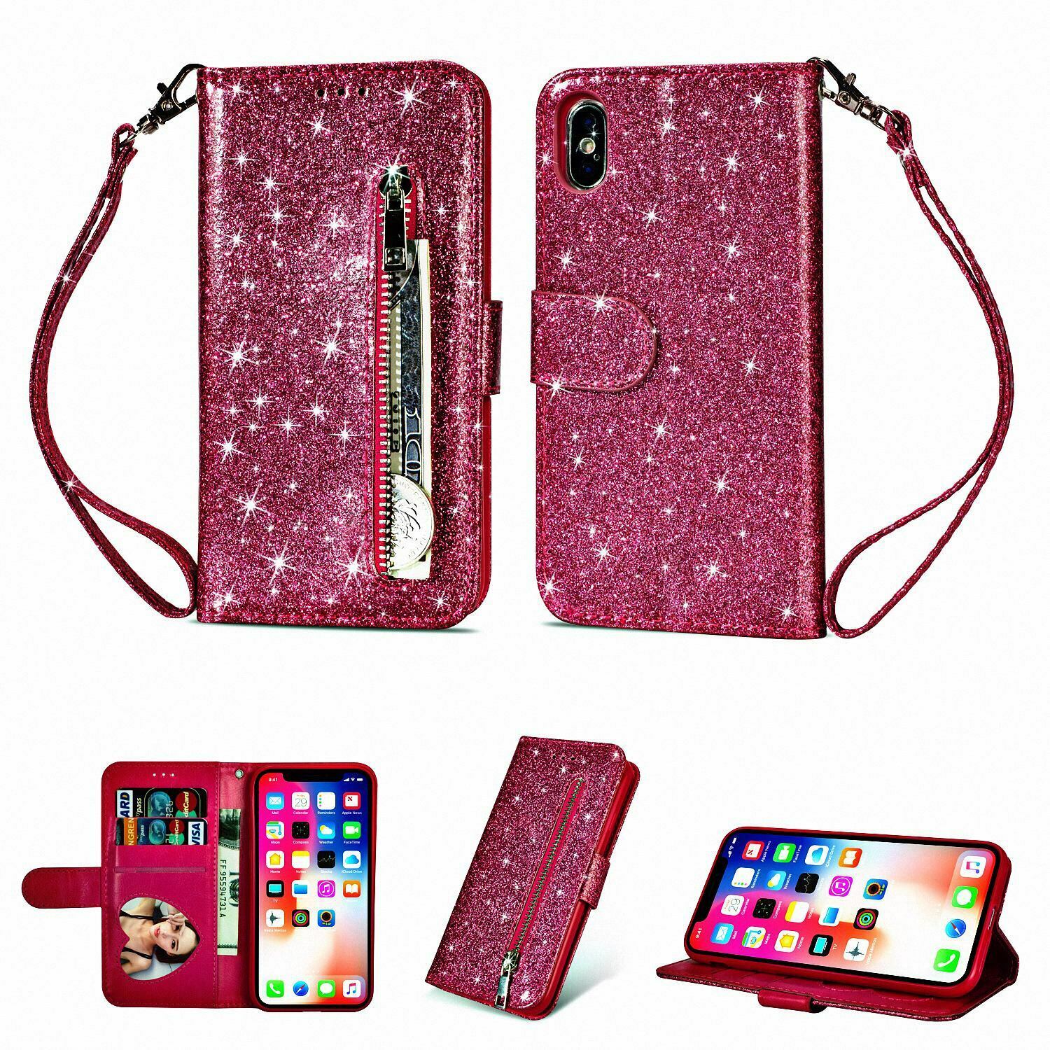 Glitter Bling Leather Zipper Wallet Case For iPhone