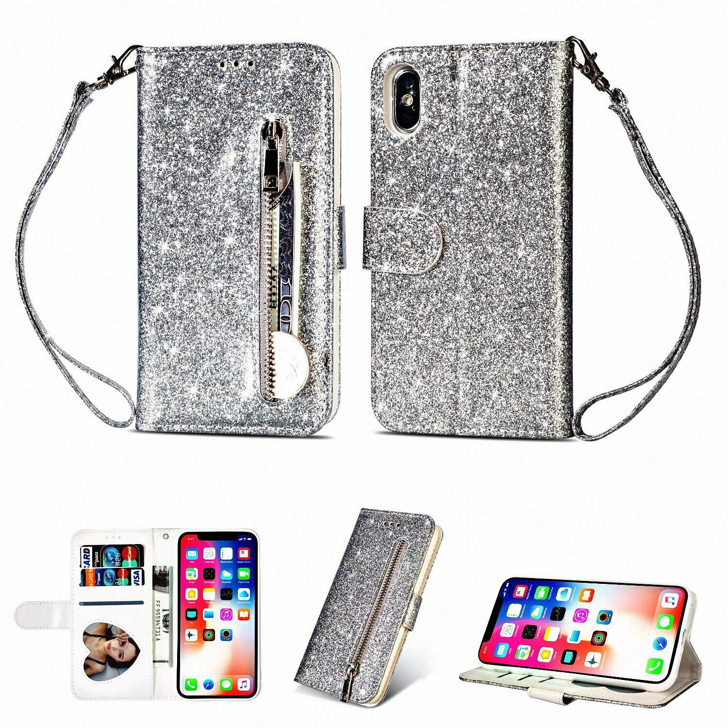 Glitter Bling Leather Zipper Wallet Case For iPhone