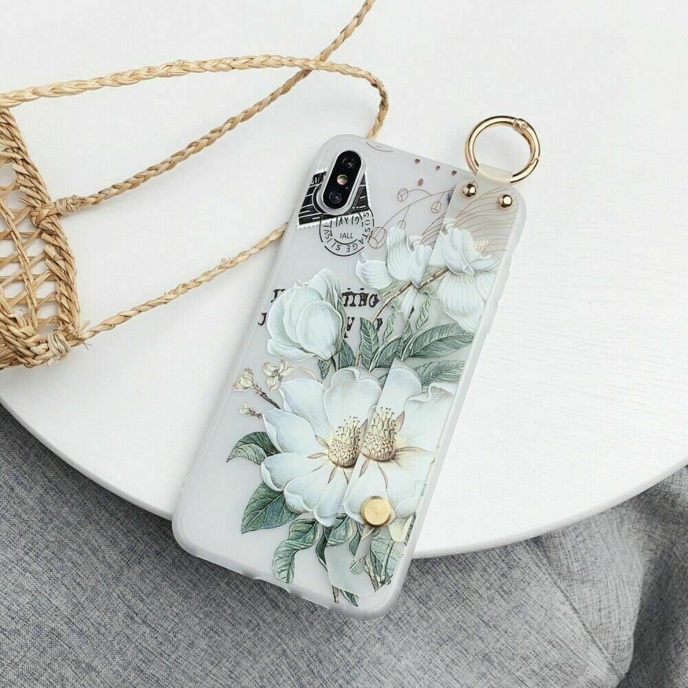 Flower Pattern Clear Slim Hand Strap Holder Case For iPhone