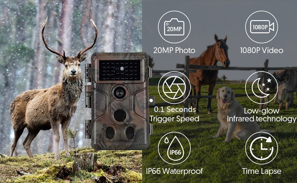Game Trail Deer Camera with 100ft Night Vision 20MP Photo 1080P H.264 MP4 Video Motion Activated 0.1S Trigger Speed No Glow IP66 Waterproof