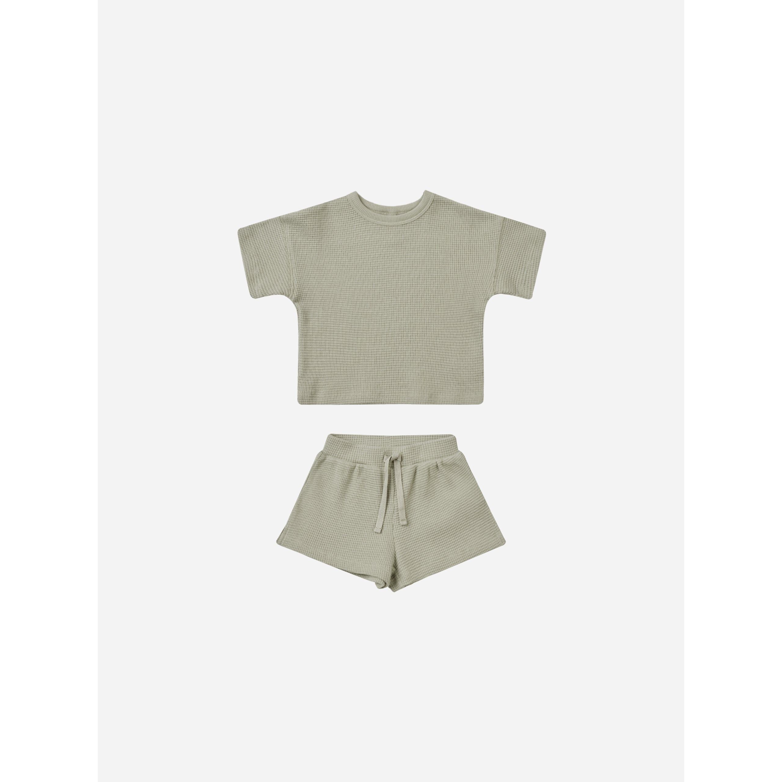 Quincy Mae Waffle Tee + Short Set, Sage