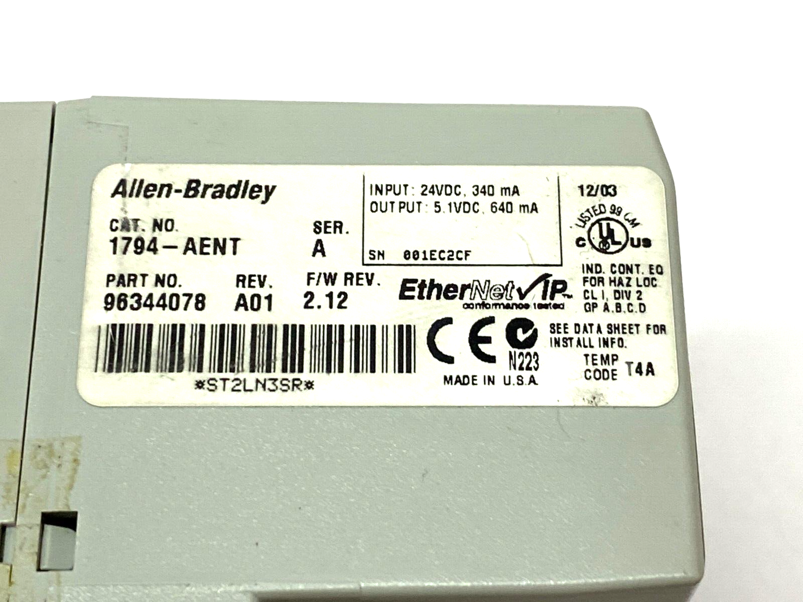 Allen Bradley 1794-AENT Ser A Flex I/O EtherNet I/P Network Adapter 96344078