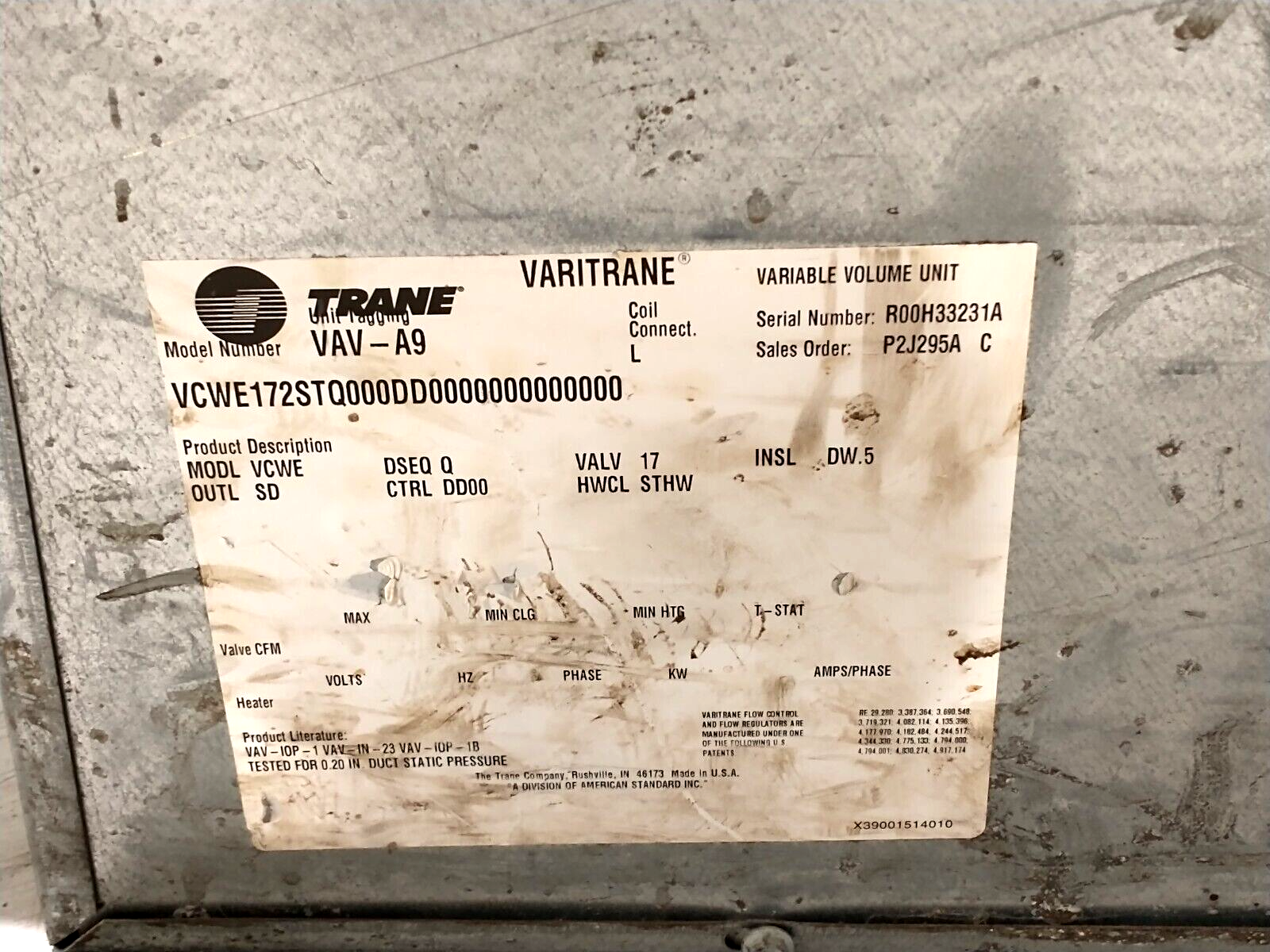 Trane VCWE172STQ000DD0000000000000 VARITRANE Variable Volume Unit 10