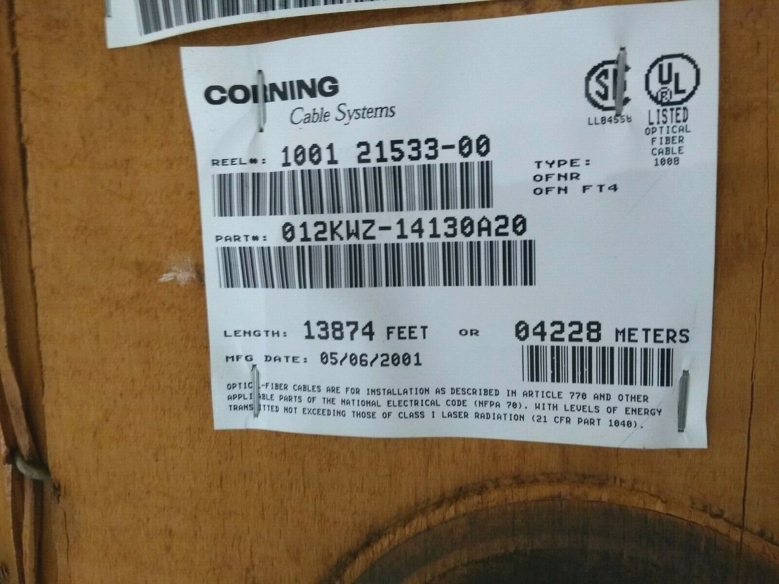 Corning Cable Systems 012KWZ-14130A20 Optical Fiber Cable Spool of 1000 Ft +