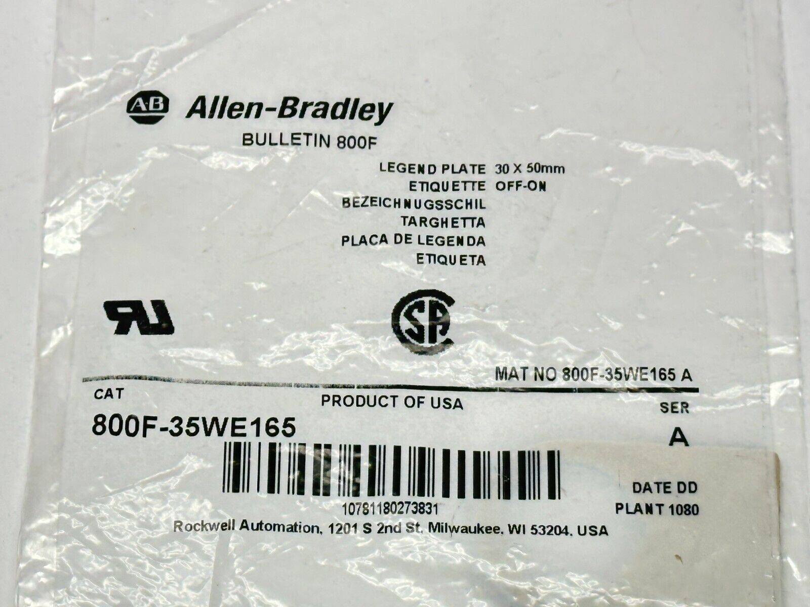 Allen Bradley 800F-35WE165 Legend Plate Off-On 30 x 50mm