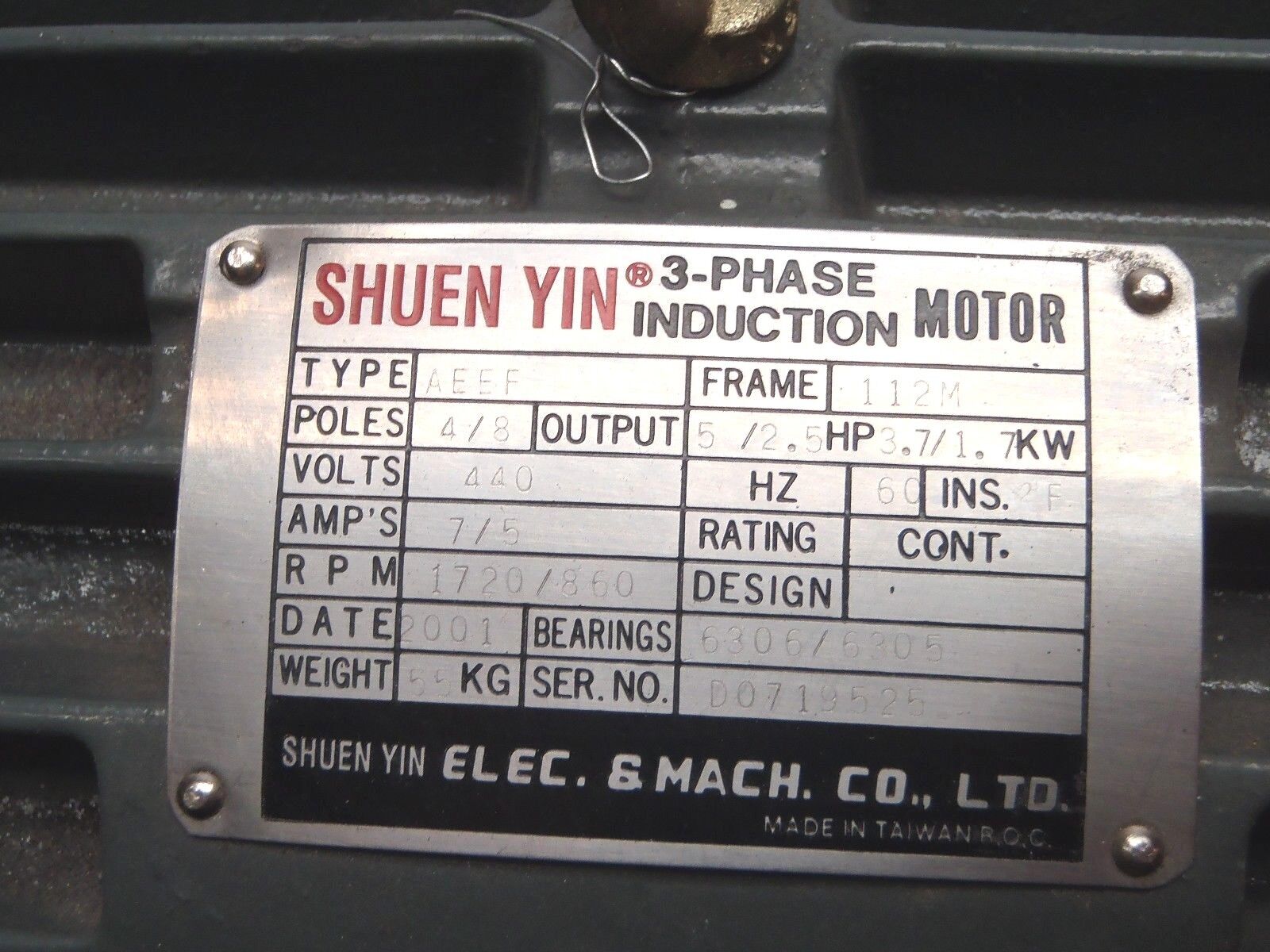 Shuen Yin AEEF Electric Motor 2.5HP 860RPM 440V 5A 3PH