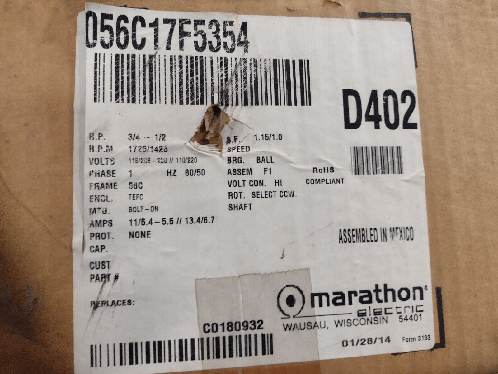 Marathon 056C17F5354 Brake Motor TEFC 3/4HP 1725 RPM 5/8