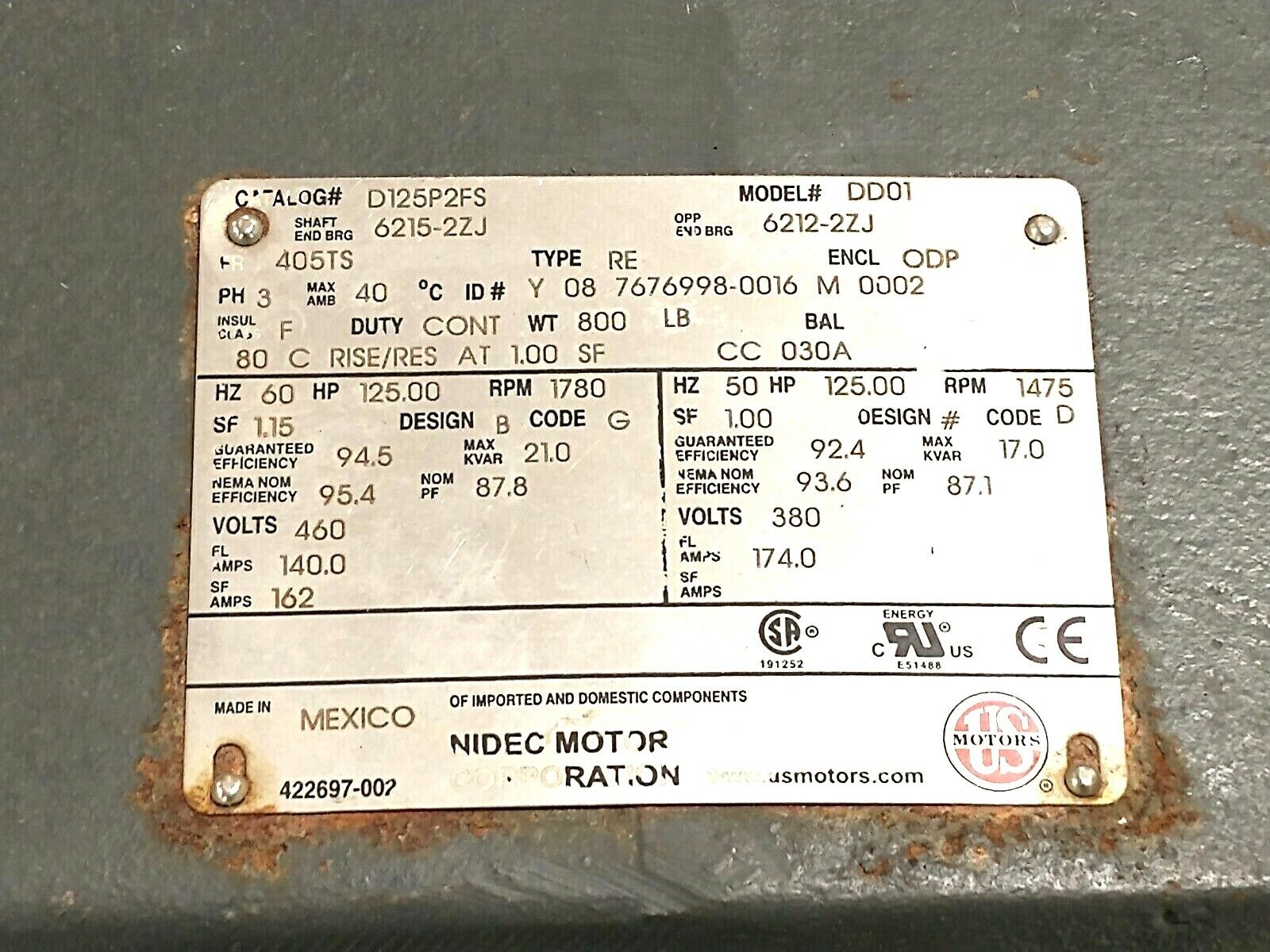 Nidec Motor Corp. D125P2FS DD01 Three-Phase General Purpose Motor 125HP 1780RPM