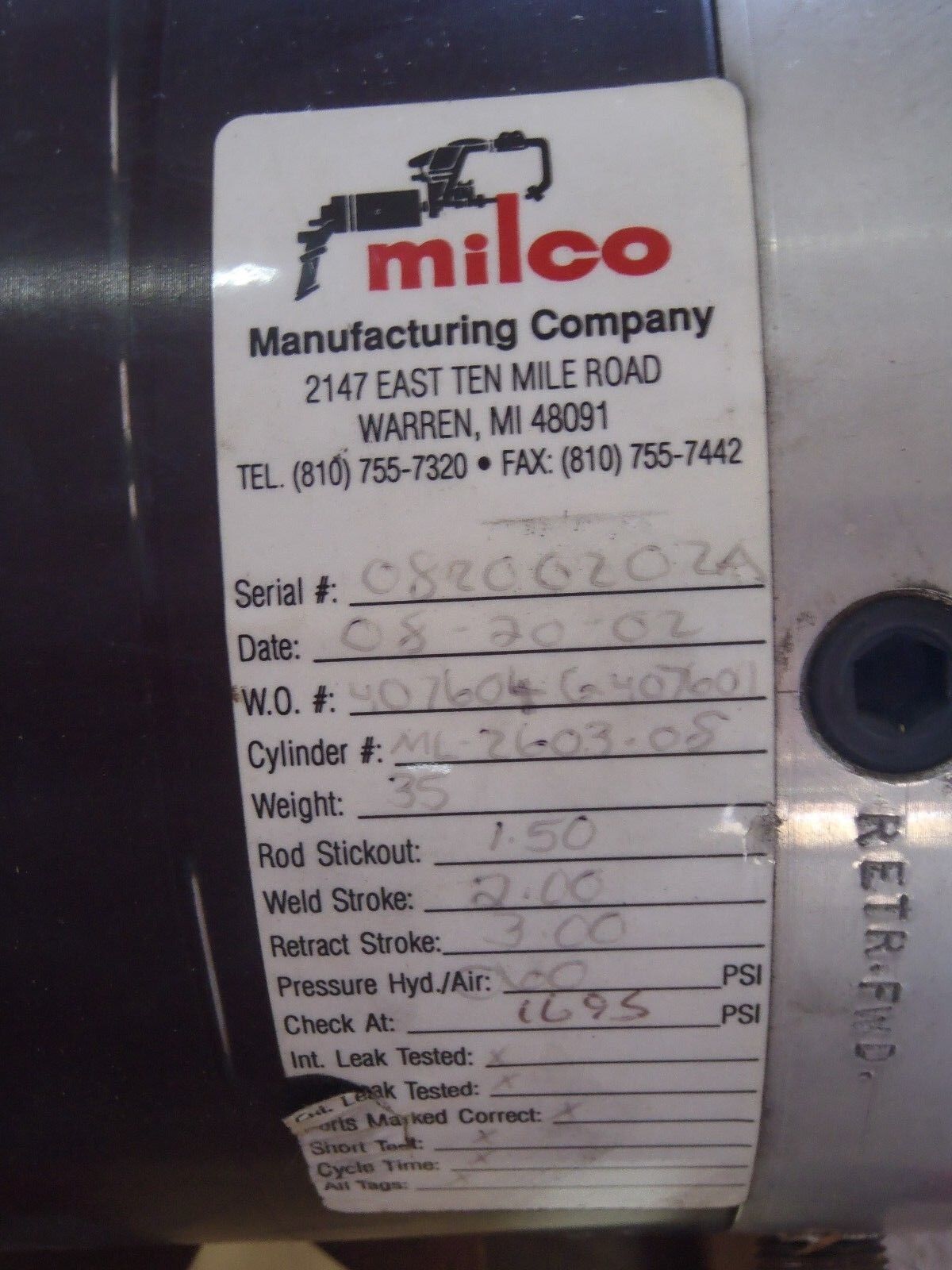 Milco MFG. 638-10172-01 Robot Pinch-Type Weld Gun ML-2603-08 Cylinder