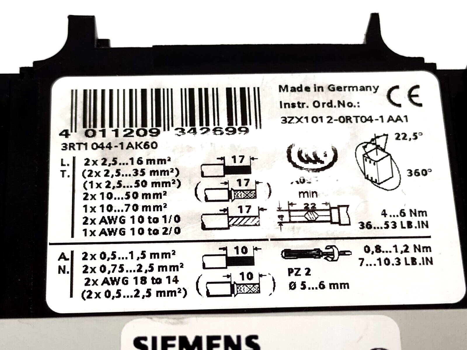 Siemens 3RT1044-1AK60 Power Contactor 65A 120VAC 3-Pole 30kW