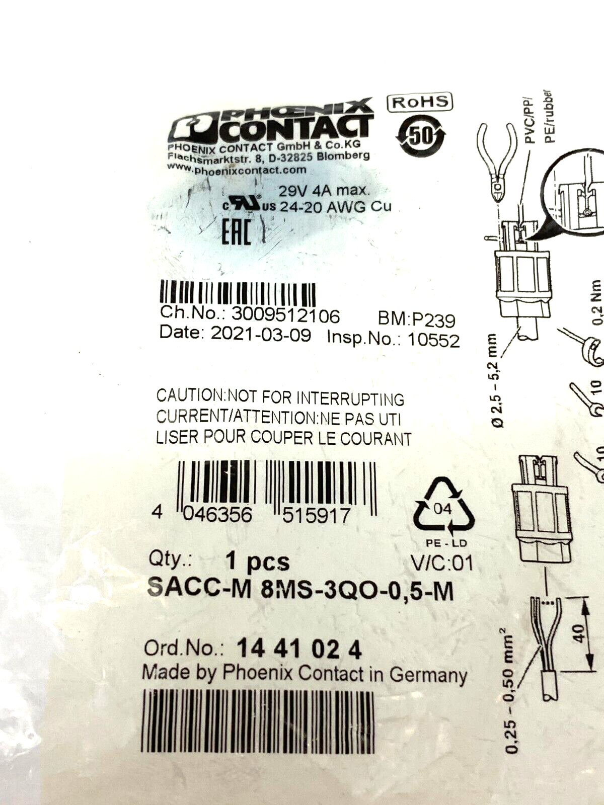 Phoenix Contact SACC-M 8MS-3QO-0,5-M Circular Plug In Connector 1441024