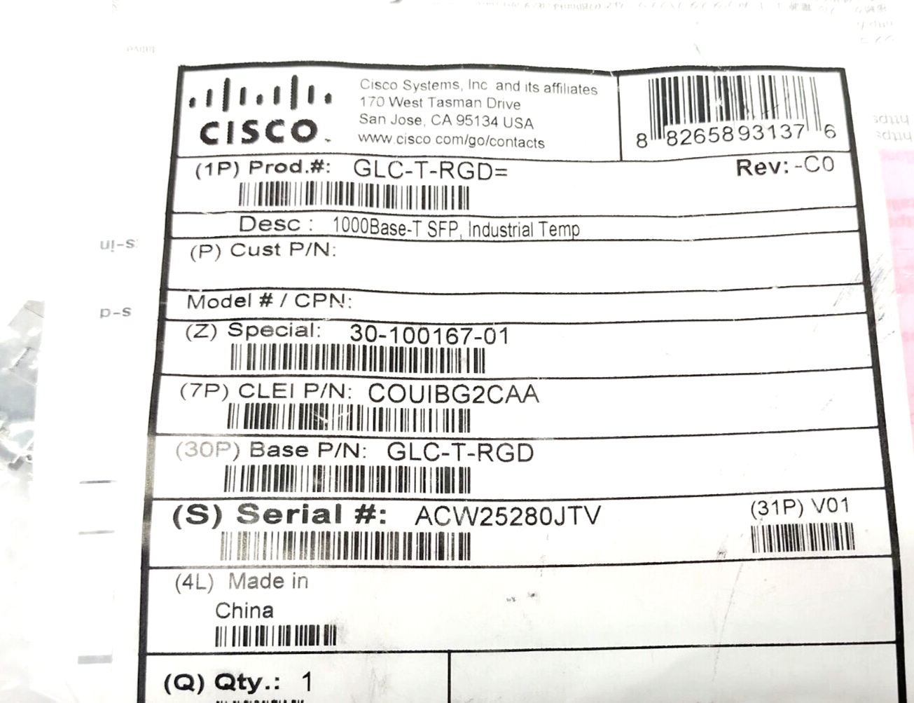 Cisco GLC-T-RGD Rev. -C0 1000Base-T SFP Module GLC-T-RGD=, 30-100167-01
