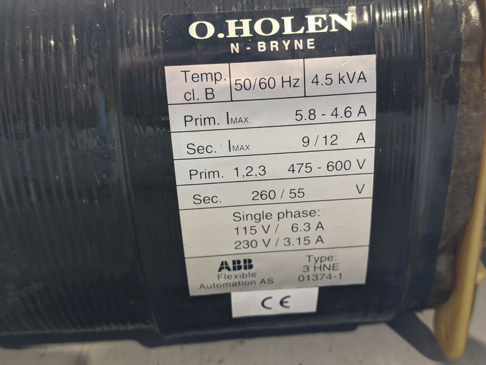 O. Holen ABB 3 HNE 01374-1 Transformer 475-600V Primary, 260/55V Secondary