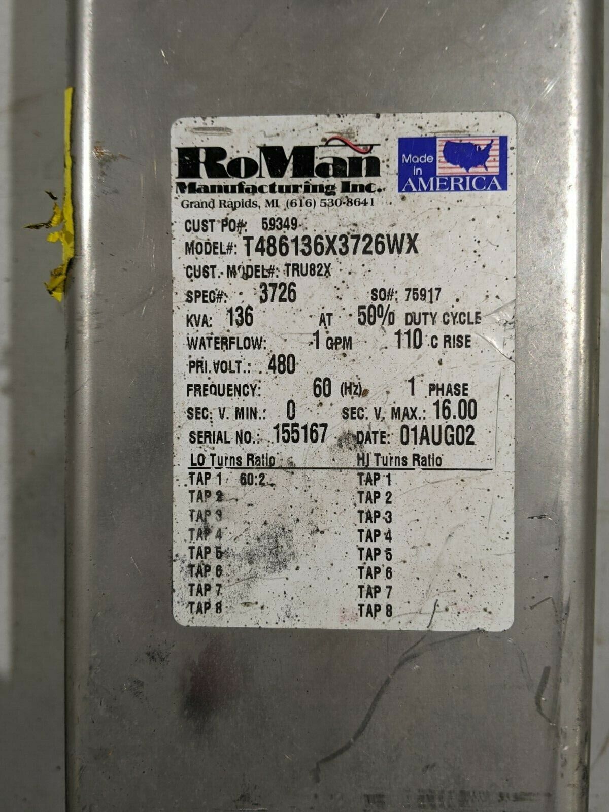 Roman T486136X3726WX Welding Transformer TRU82X 136kVA 480V 60:2 1GPM