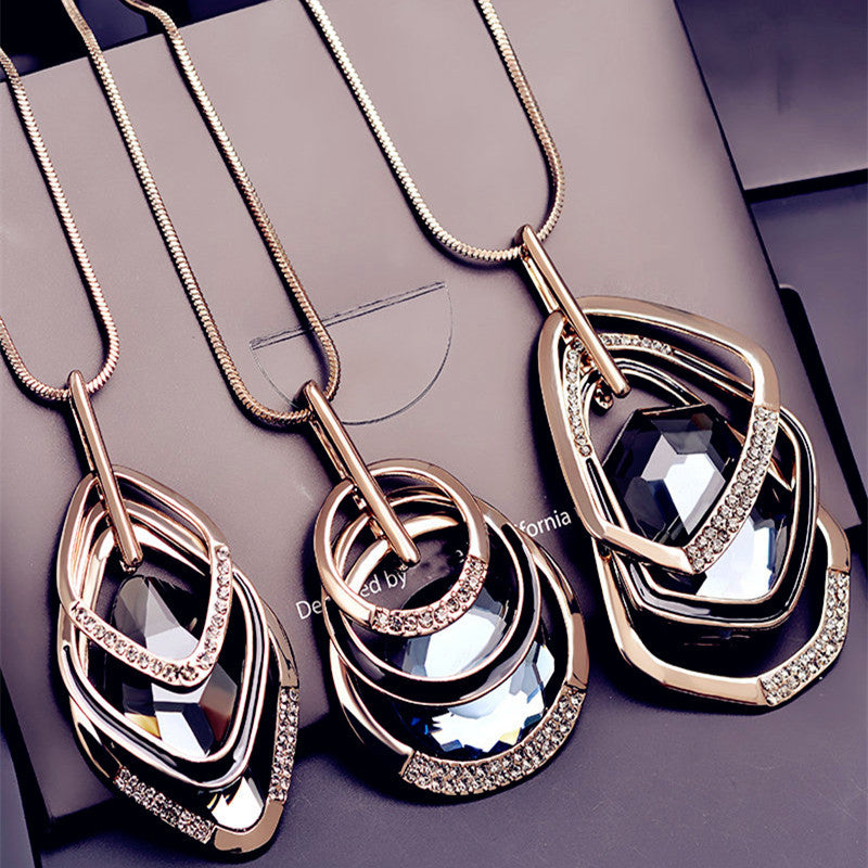 Gold and Silver Color Water Drill Long Necklace Triangle Oval Glass Pendant Necklace