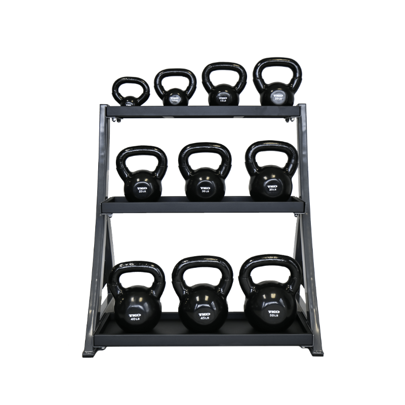 TKO 5-50lb Vinyl Kettlebell Set w/ 3 Tier Rack | S856-KBV5-50