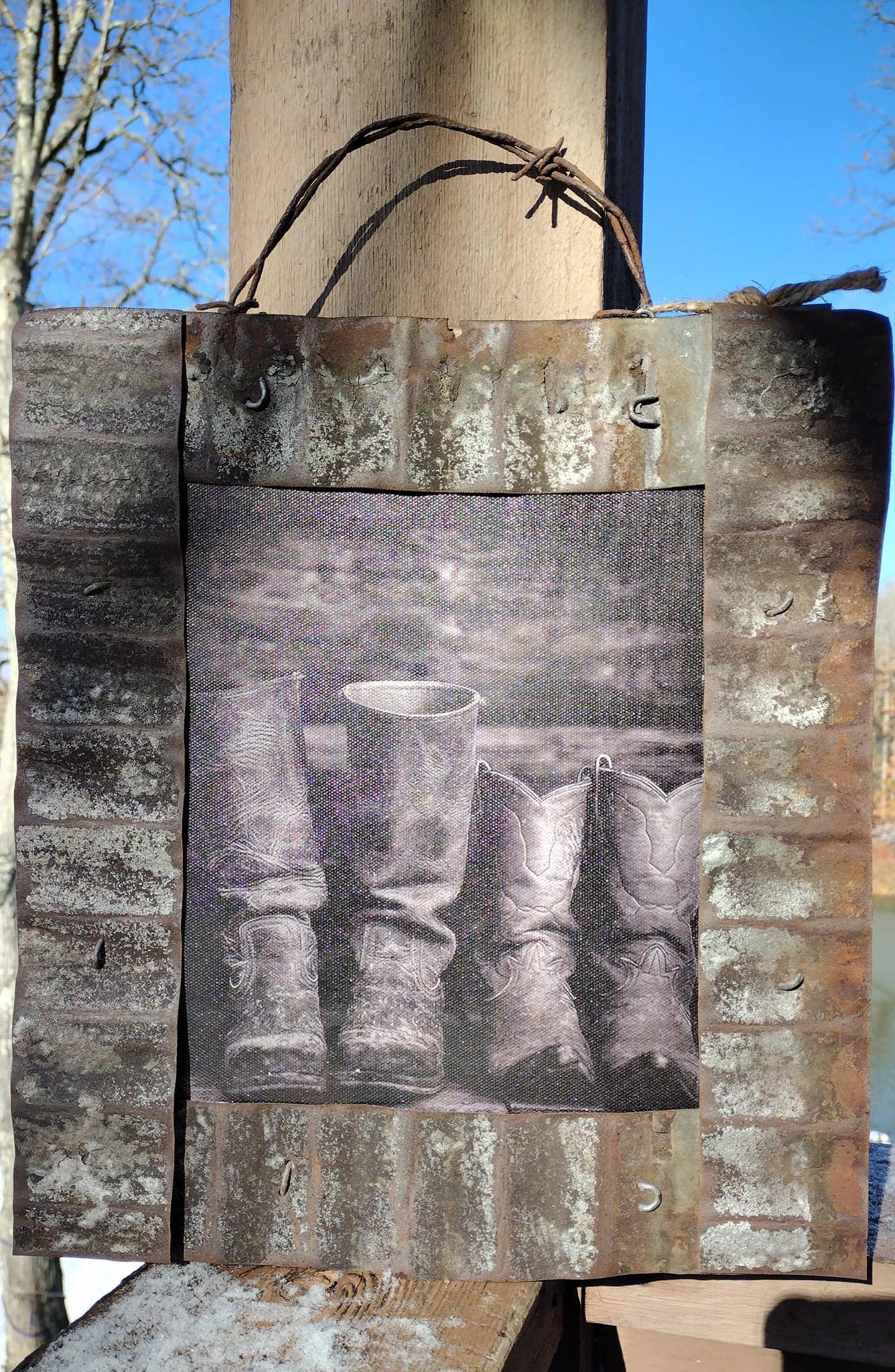 Black and White Cowboy Boots Tin Sign Handcrafted
