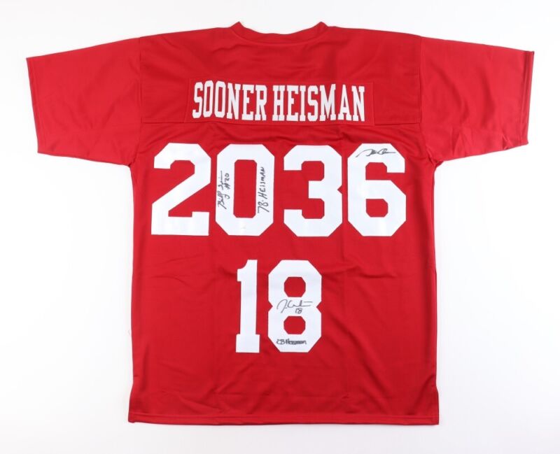 SOONER HEISMAN (SIMS, WHITE, OWENS) AUTOGRAPHED OKLAHOMA CUSTOM JERSEY JSA COA