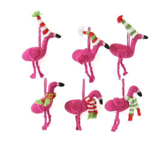 6 Hand Knit Flamingo Ornaments- Fair Trade, Peru