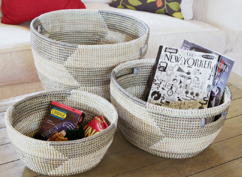 Set of 3 Handwoven Silver Herringbone Nesting Sewing Baskets- Fair Trade, Educates Artisans- Eco-Friendly