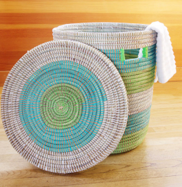 Aqua Green & White Hamper Laundry Storage Basket- Fair Trade, Eco-Friendly