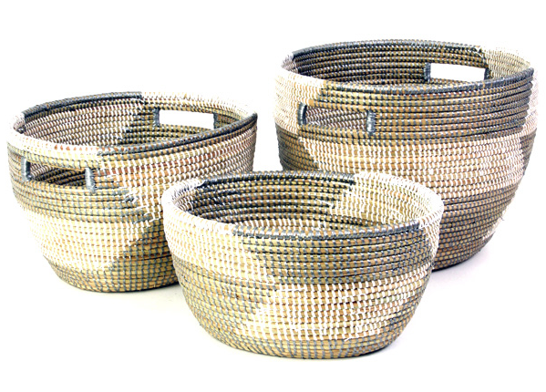 Set of 3 Handwoven Silver Herringbone Nesting Sewing Baskets- Fair Trade, Educates Artisans- Eco-Friendly