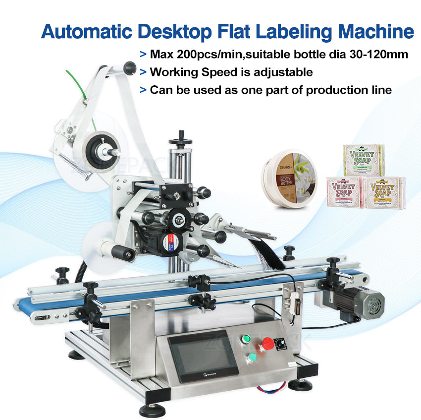 ZONEPACK Automatic Bottle Flat Surface Labeling Machine Adhesive Sticker Labeller Can Laundry Detergent Bottle Label Dispenser