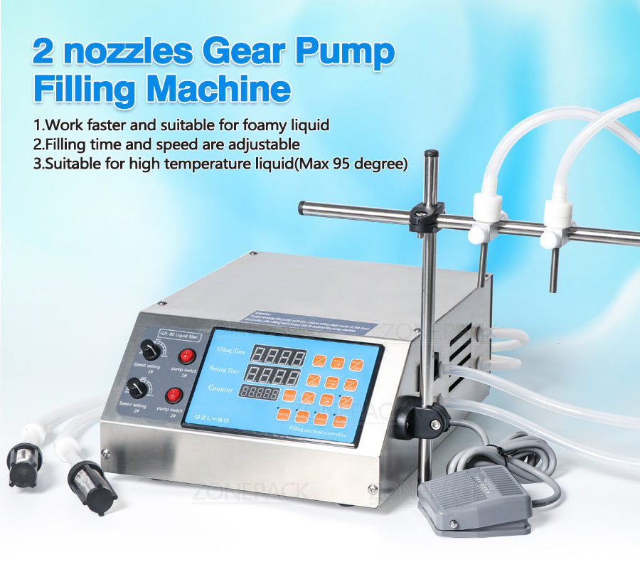 ZONEPACK Gear Pump Bottle Water Filler Semi Automatic Liquid Vial Filling Machine for Juice Beverage Drink Oil Perfume