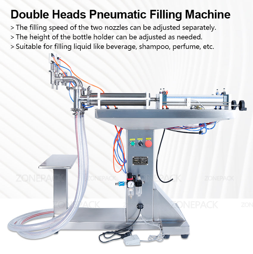 ZONEPACK Automatic Pneumatic Standing Double Nozzles Liquid Beverage Shampoo Oil Filling Machine Vertical Water Bottle Filler