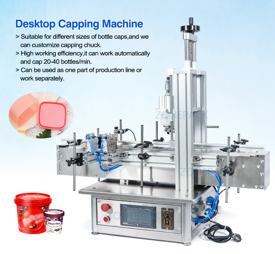 ZONEPACK Pneumatic Semi Automatic Tabletop Glass Bottle Cap Press Machine Jar Whisky Plastic Bottle Capping Machine