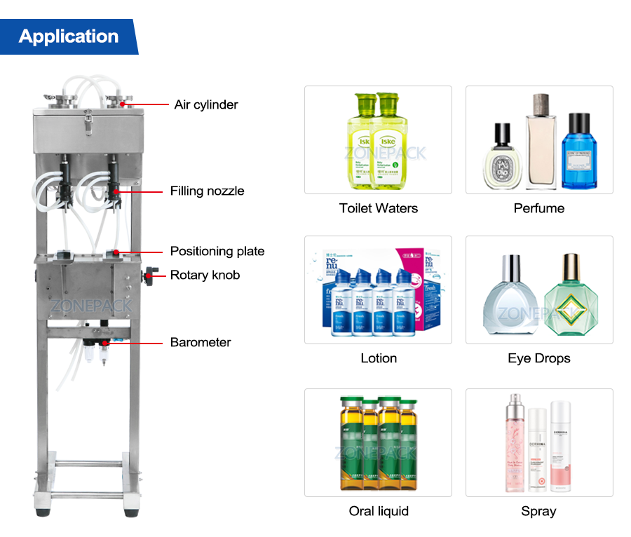 ZONEPACK 2 Heads Vacuum Liquid Perfume Filling Machine Pneumatic Filler